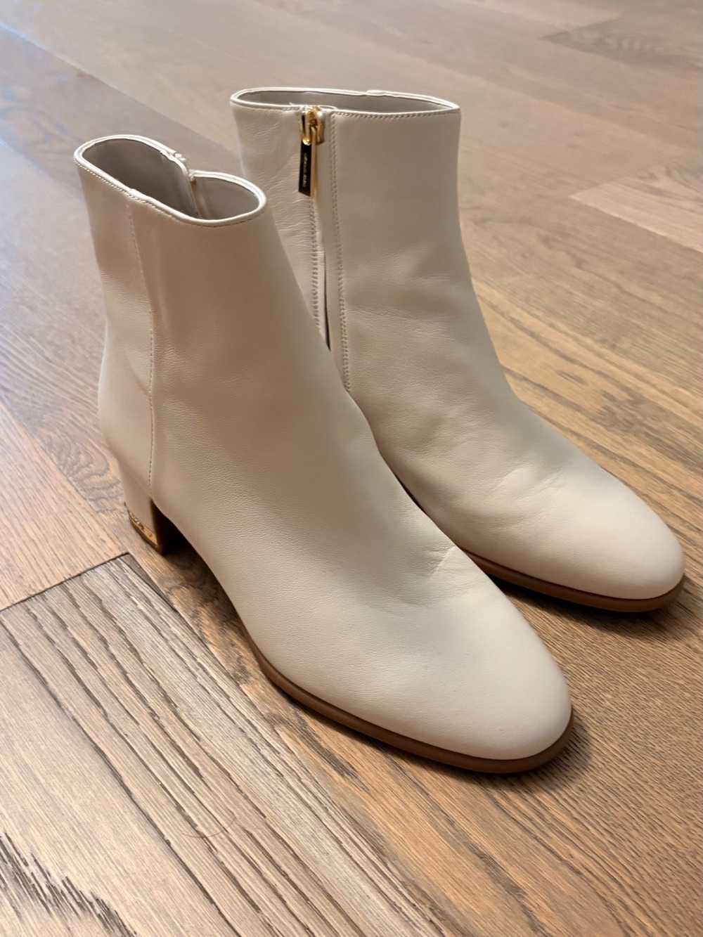 Michael Kors Ivory Leather Ankle Boots with Gold Zip